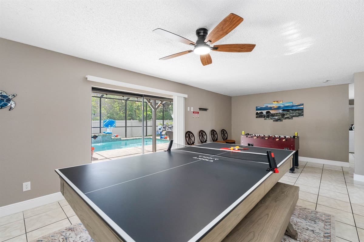 Whether you're enjoying dinner or a competitive ping pong match, this vibrant space delivers endless options for bonding and entertainment.