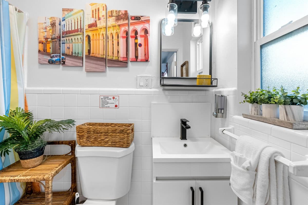 Step into the elegantly designed bathroom.