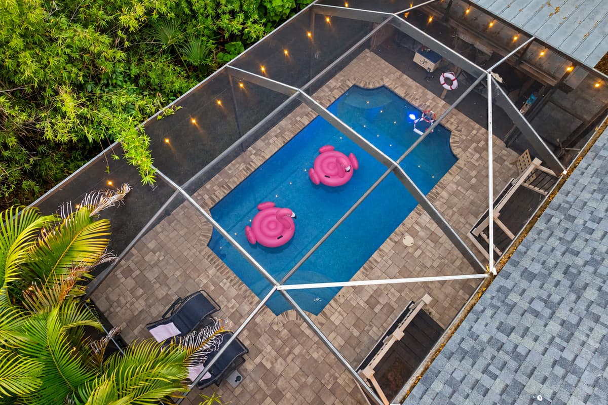 A bright and airy pool area enclosed by screens and framed by lush foliage, offering the perfect blend of sunshine and seclusion.