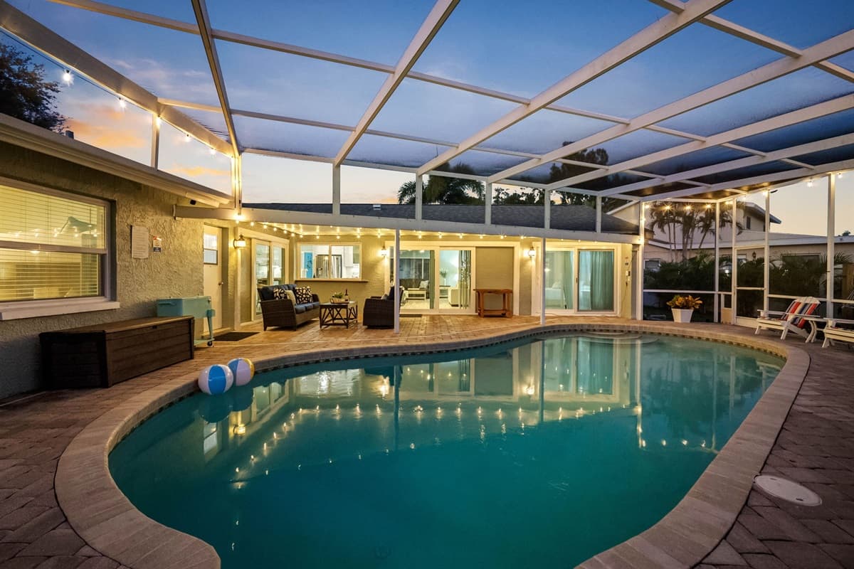 Whether you’re sunbathing on the loungers or floating in the pool, this bright and airy patio offers the perfect mix of relaxation and entertainment space.