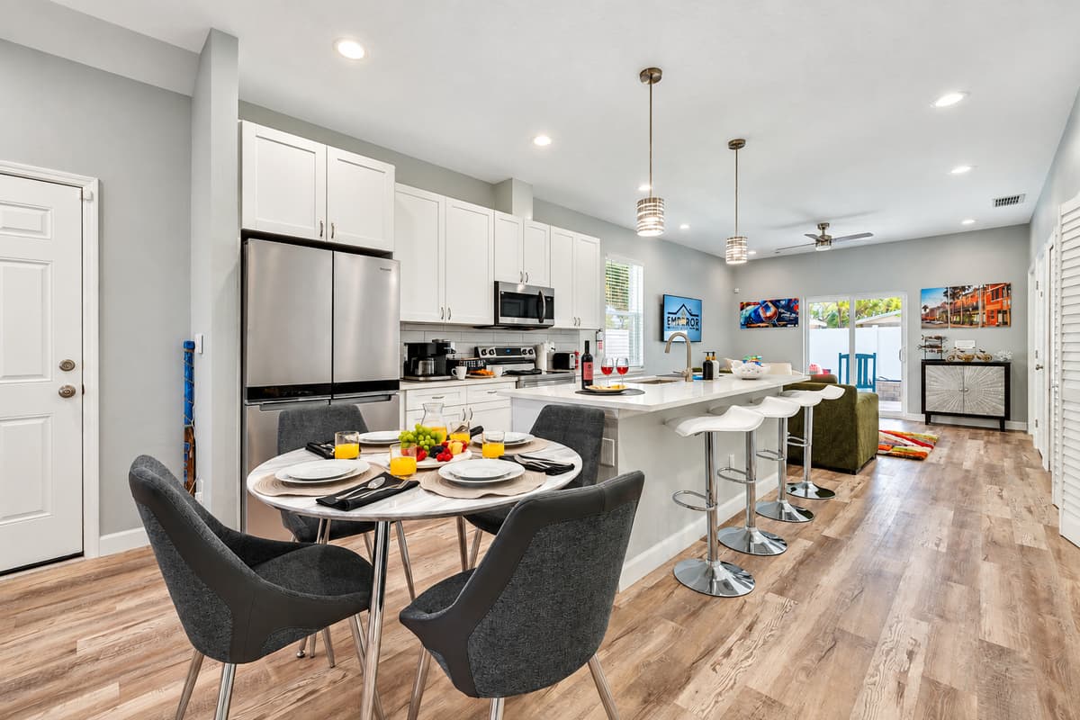 Our dining room boasts modern simplicity with clean lines, contemporary furniture, and a neutral color palette.