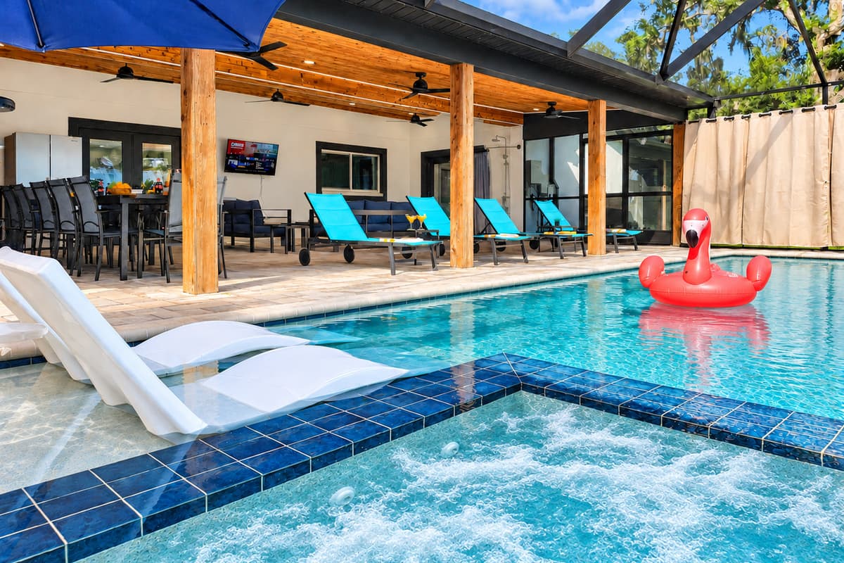 This is the view your group wakes up to for a week — pool on the left, shade on the right, nothing scheduled.