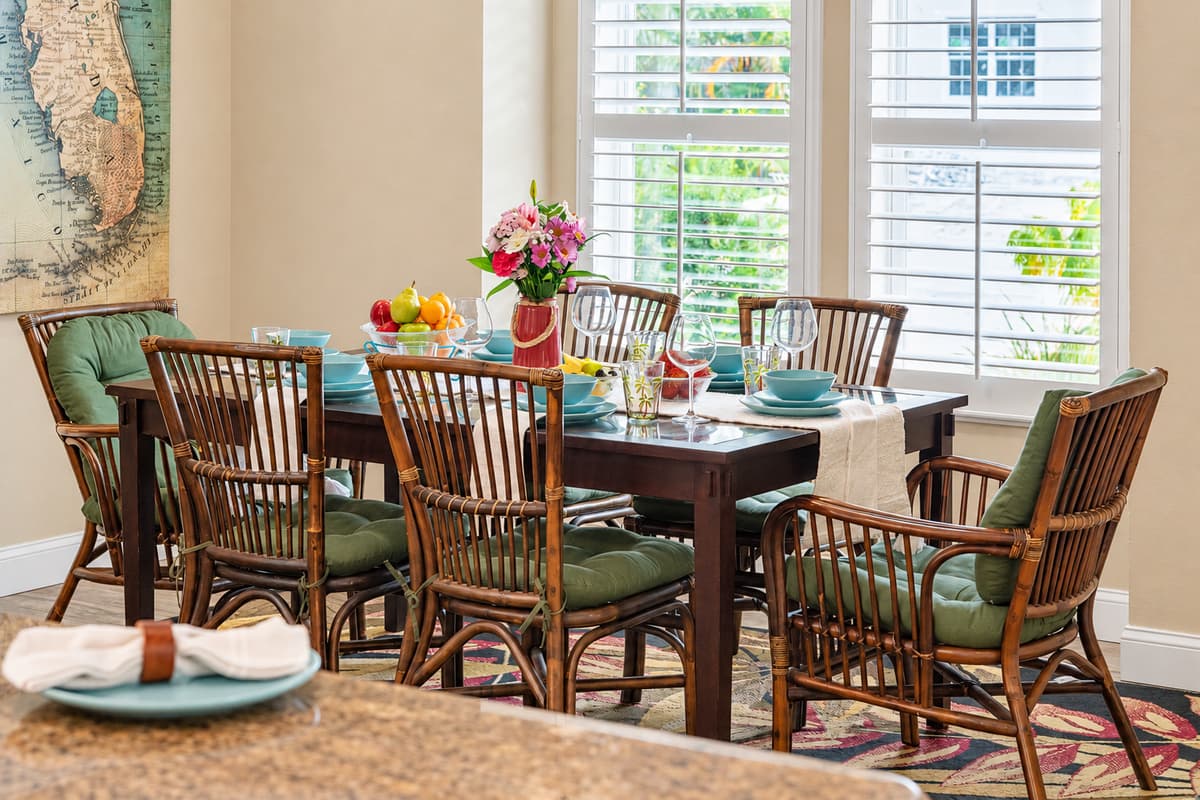This bright and inviting dining space offers seating for the whole group, perfect for family meals and holiday gatherings.