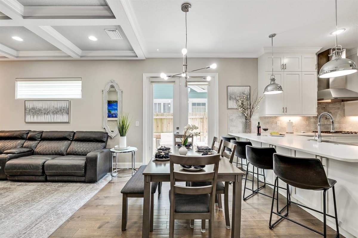 In front of the dining area, the breakfast table offers a more casual dining option.