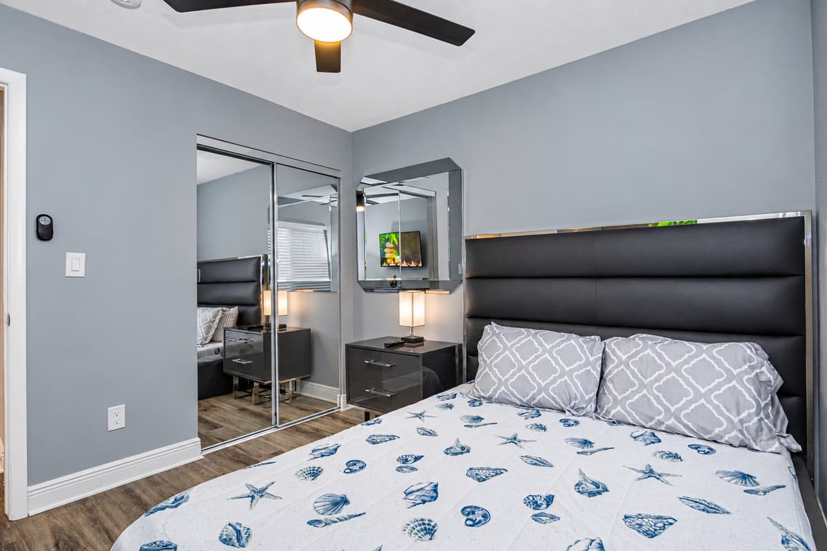 This elegant bedroom has a queen-size bed, drawers, closet, and its own TV. Feel at home while you're on your home away from home! If you like what you see so far, send us a message as soon as possible!