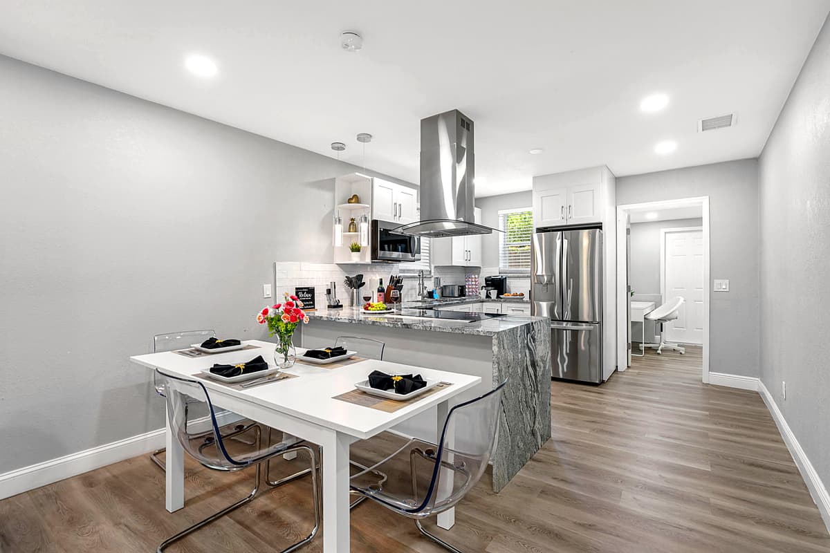 The dining area itself is well-lit and thoughtfully decorated, featuring soft, ambient lighting that creates a warm and welcoming environment.