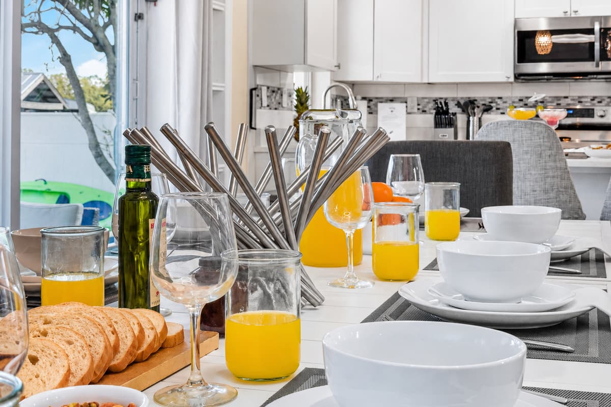 Gather around the dining table for family meals with seating for the whole group.