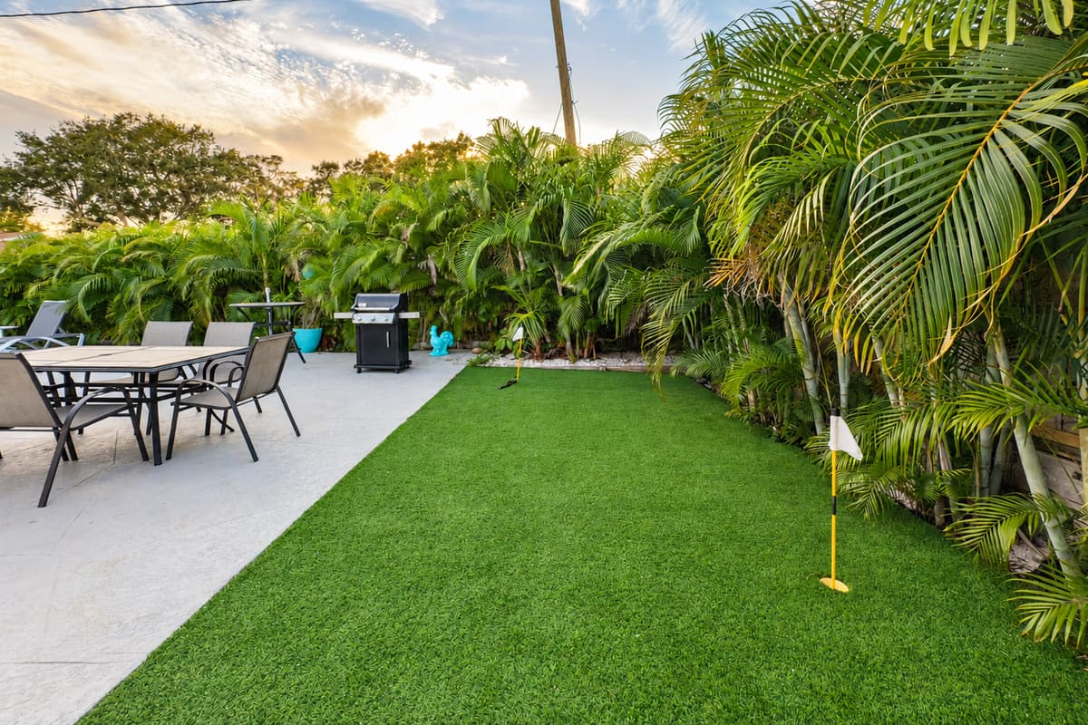 Surrounded by tall palms and greenery, the backyard feels private and peaceful.