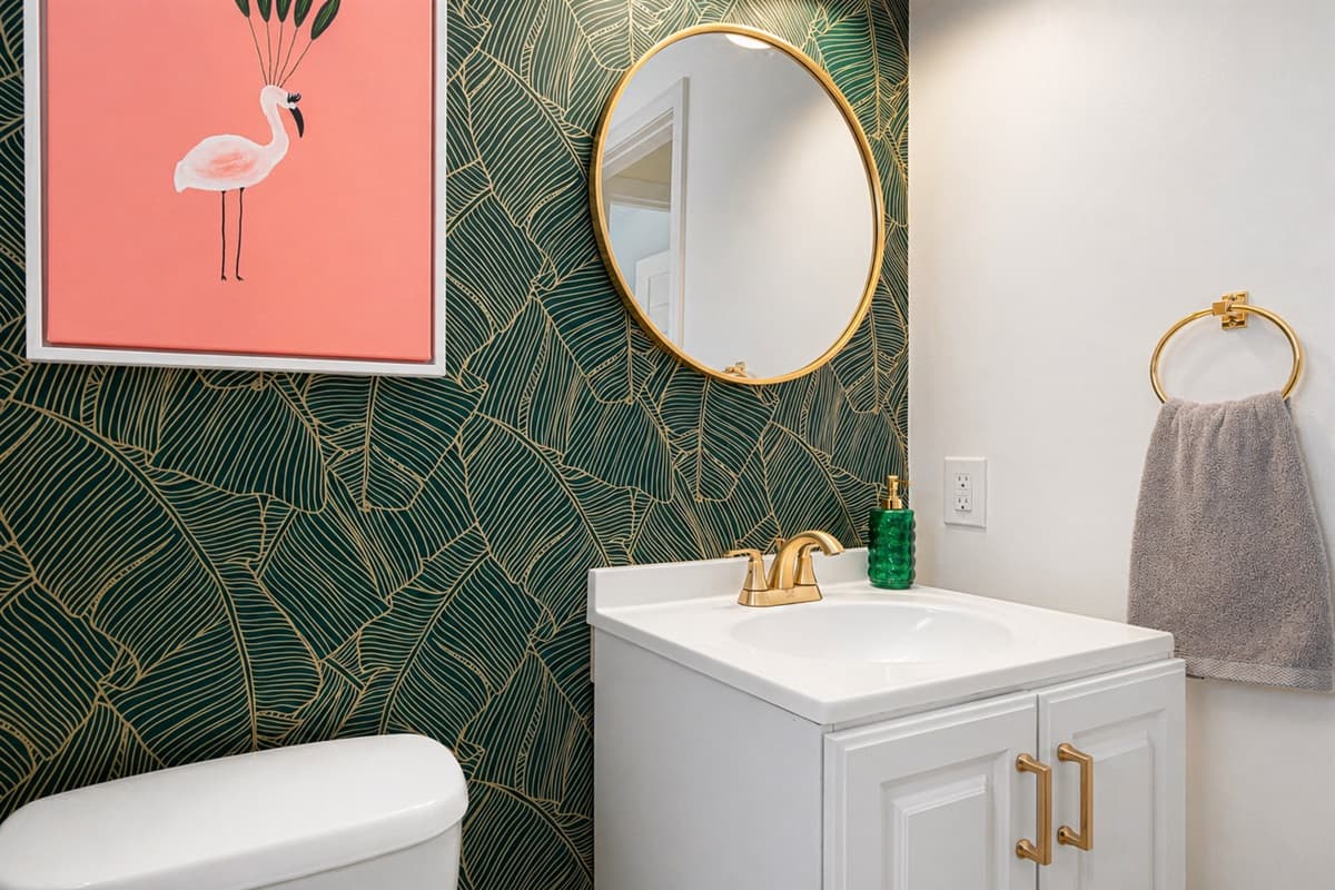 Chic vanity with designer wallpaper, gold accents, and elegant finishes.