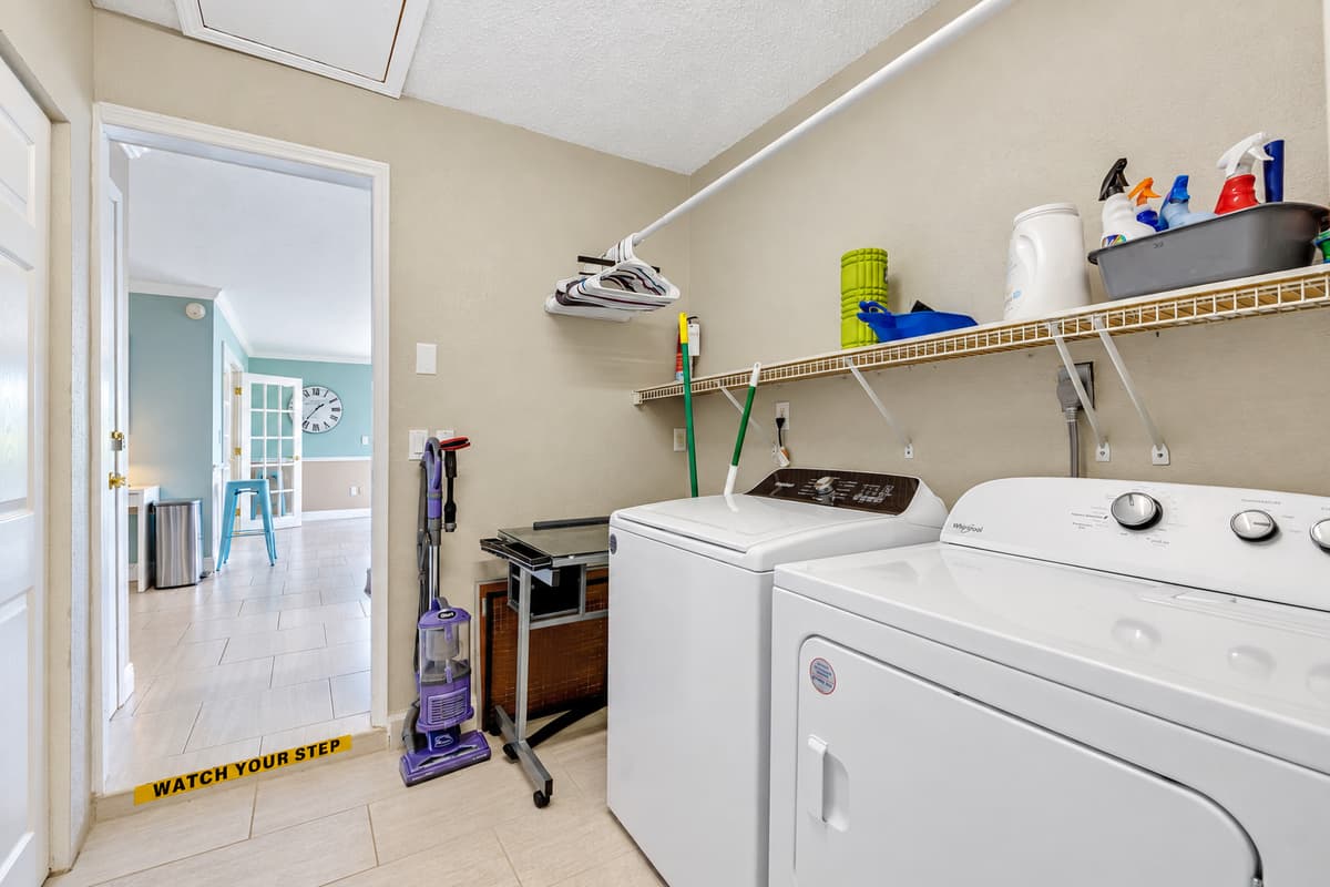 Our fully equipped laundry space includes a washer and dryer, along with all the necessary laundry essentials.